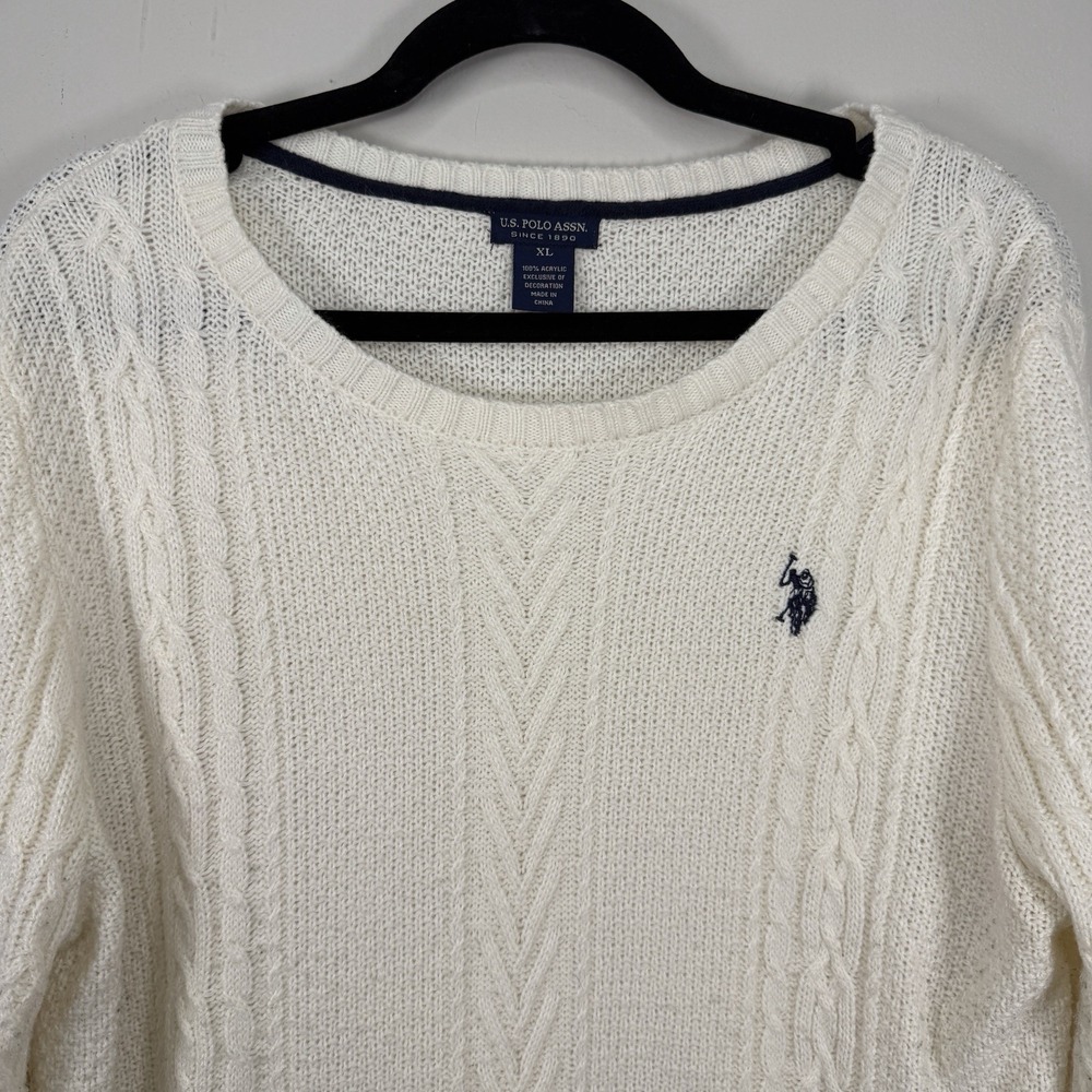 U.S Polo Assn. XL White Cotton Crewneck Cable Knit Sweater VNeck‎ Flare Sleeve